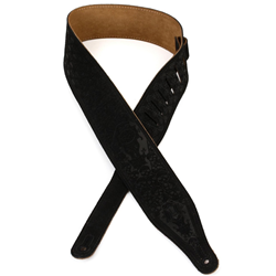 Levys MS17T04-BLK 2 1/2" suede leather guitar strap tooled in a skulls design and suede backing. Adjustable from 41" t