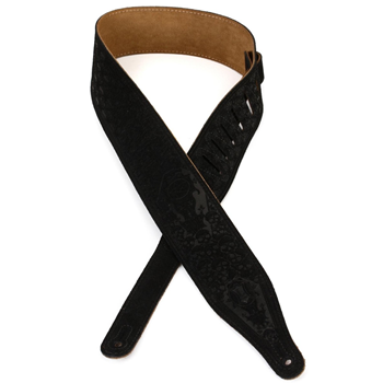 Levys MS17T04-BLK 2 1/2" suede leather guitar strap tooled in a skulls design and suede backing. Adjustable from 41" t
