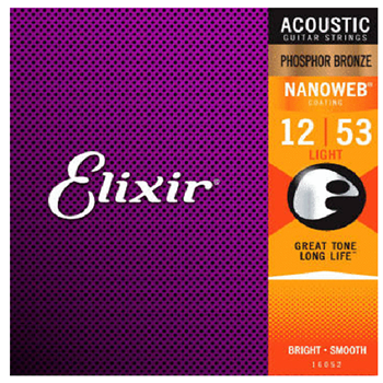 Elixir 16052 Nanoweb Phosphor Bronze Light 12-53 Acoustic Guitar Strings